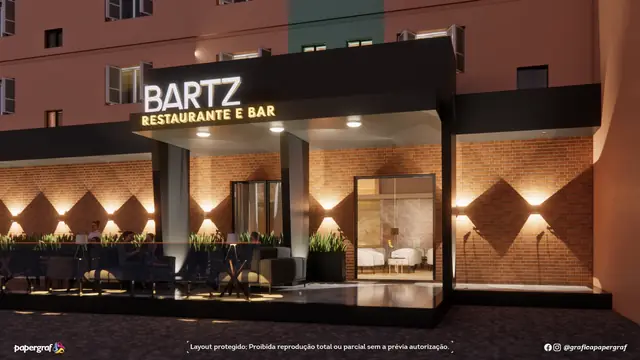 Projeto 3D de fachada com letreiro luminoso para o restaurante Bartz