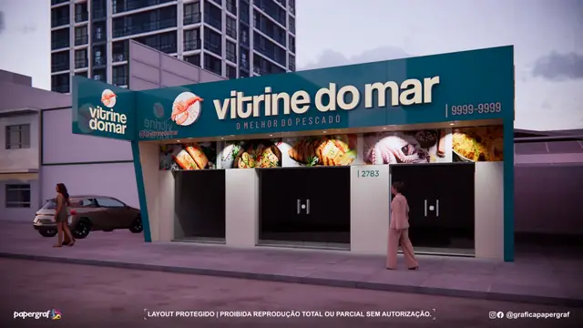 Projeto 3D de fachada com letreiro para a peixaria Vitrine do Mar